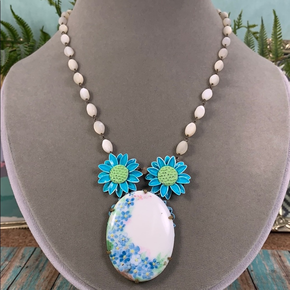 🌟Adorned Crown artisan assemblage blue painted flower rosary bead necklace